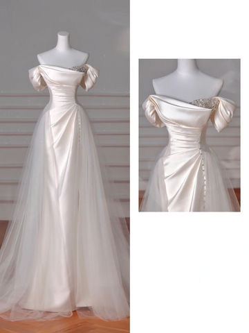 Robe de soirée sirène élégante en satin blanc à épaules dénudées et perles, robe de bal ou de mariée Y8617