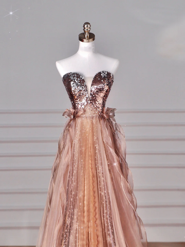 Robe de bal/soirée vintage rose doré sans bretelles en tulle à sequins et perles, coupe trapèze, référence Y8622