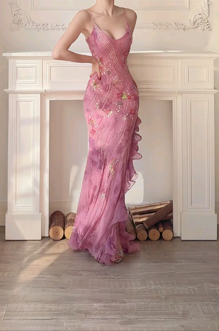Robe de soirée sirène longue en mousseline rose élégante à sequins Y8310