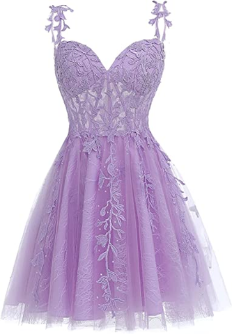 Vestido corto de fiesta de bienvenida de tul floral morado con apliques de encaje y pedrería Y857