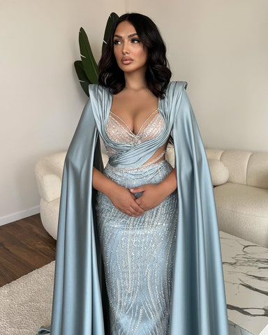 Superbe robe de bal sirène longue bleue à col en V et manches en dentelle pailletée