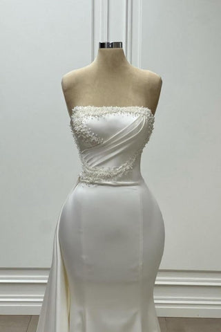 Fabulous Long White Mermaid Sleeveless Strapless Wedding Dress With Pearls