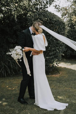 Vestido de novia modesto de satén elástico con escote en V y corte en A de hada WD757