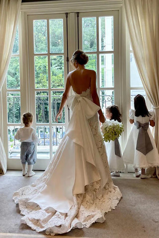 Floral Lace Strapless A Line Boho Ivory Wedding Dress with Satin Bowtie WD634