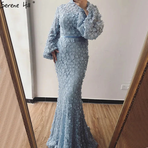Flowers Pearls Long Sleeves Mermaid Evening Dresses Muslim Fashion Elegant  Formal Dress 2025 Plus Size LA6293