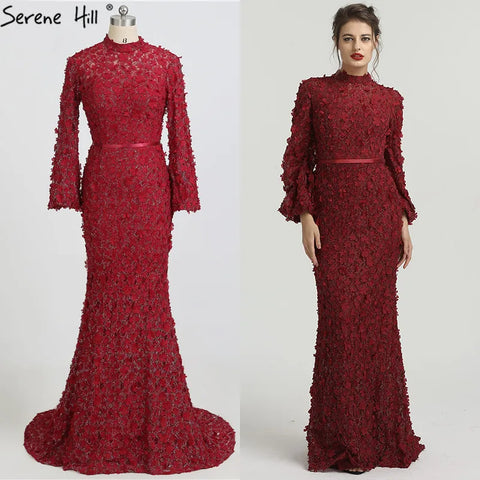 Flowers Pearls Long Sleeves Mermaid Evening Dresses Muslim Fashion Elegant  Formal Dress 2025 Plus Size LA6293