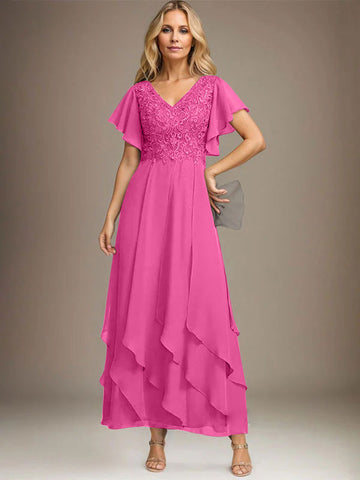 A-line V-Neck Ankle-Length Lace Chiffon Mother of the Bride Dress With Cascading Ruffles