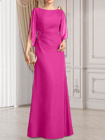 Vestido de corte recto/columna, largo hasta el suelo, de gasa, para la madre de la novia, con plisados ​​y cuentas.