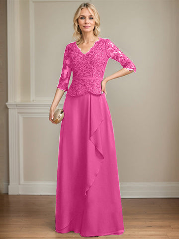 A-line V-Neck Floor-Length Lace Chiffon Mother of the Bride Dress With Cascading Ruffles Sequins