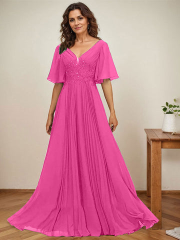 A-line V-Neck Floor-Length Chiffon Mother of the Bride Dress With Sequins Appliques Lace Pleated