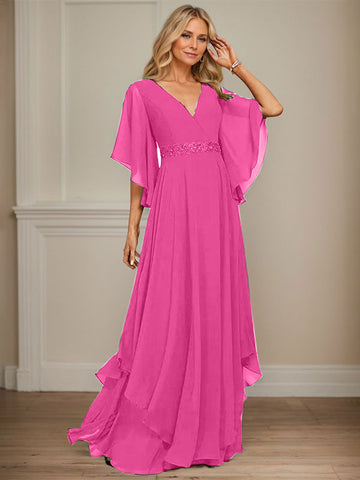 A-line V-Neck Floor-Length Chiffon Mother of the Bride Dress With Sequins Appliques Lace Beading