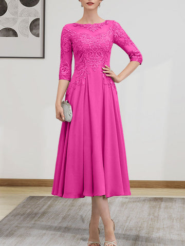 A-line Scoop Illusion Tea-Length Chiffon Lace Mother of the Bride Dress With Beading Sequins