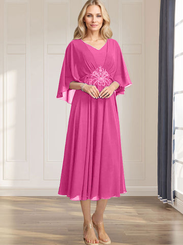 A-line V-Neck Tea-Length Chiffon Mother of the Bride Dress With Pleated Sequins Appliques Lace Beadind