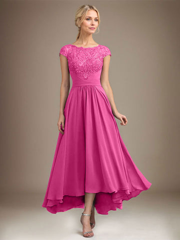 A-line Scoop Illusion Asymmetrical Lace Chiffon Mother of the Bride Dress With Pleated
