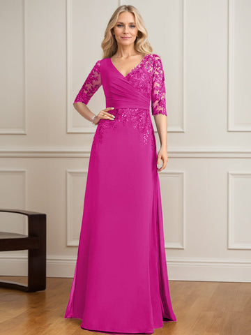 A-line V-Neck Floor-Length Lace Chiffon Mother of the Bride Dress With Pleated Sequins
