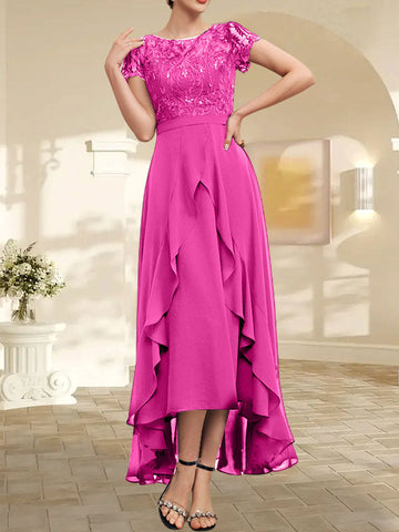 A-line Scoop Illusion Asymmetrical Chiffon Lace Mother of the Bride Dress With Bow Ruffle Sequins