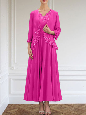 A-line V-Neck Ankle-Length Chiffon Mother of the Bride Dress With Sequins Appliques Lace Beading