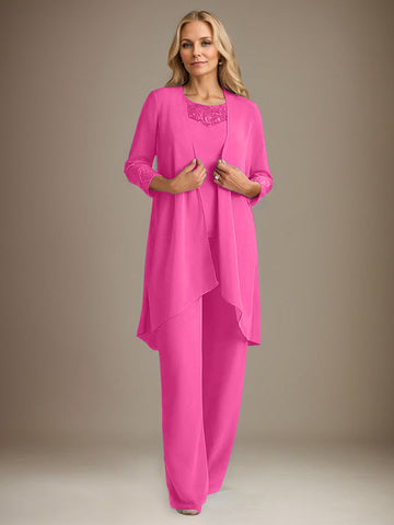 Chiffon Scoop Long Sleeves Mother Of The Bride Pantsuits With Jacket