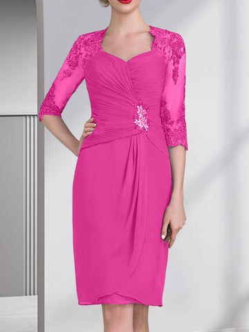 Sheath/Column Sweetheart Knee-Length Chiffon Mother of the Bride Dress With Beading Appliques Lace Sequins Pleated
