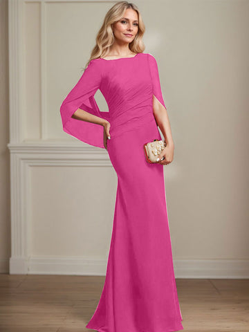 Trumpet/Mermaid Boat Neck Floor-Length Chiffon Mother of the Bride Dress With Pleated