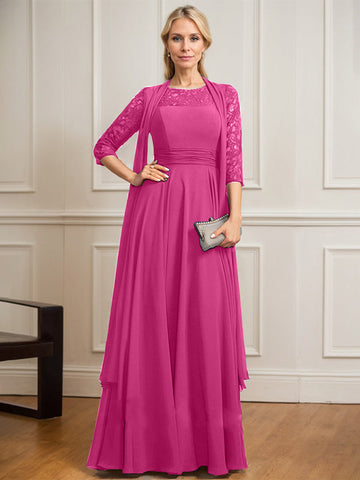 A-line Scoop Illusion Floor-Length Lace Chiffon Mother of the Bride Dress With Pleated