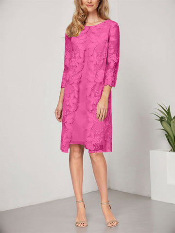 Vestido de corte A, escote redondo, largo hasta la rodilla, de gasa y encaje, para la madre de la novia, con chaqueta. 