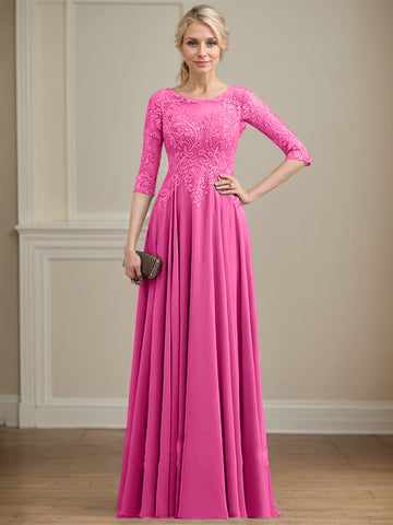 A-line Scoop Illusion Floor-Length Lace Chiffon Mother of the Bride Dress With Sequins