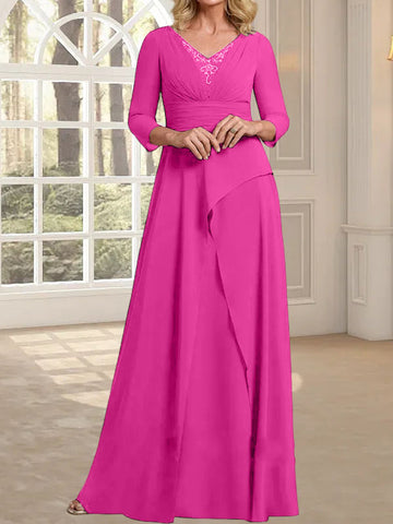 A-line V-Neck Floor-Length Chiffon Mother of the Bride Dress With Pleated Beading