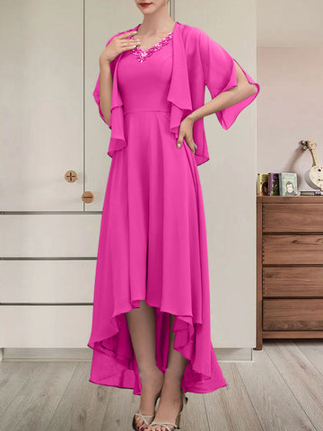 A-line V-Neck Asymmetrical Chiffon Mother of the Bride Dress With Beading Sequins