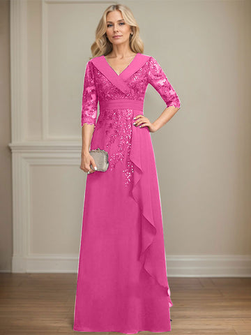 A-line Collared V-Neck Floor-Length Lace Chiffon Mother of the Bride Dress With Sequins Cascading Ruffles