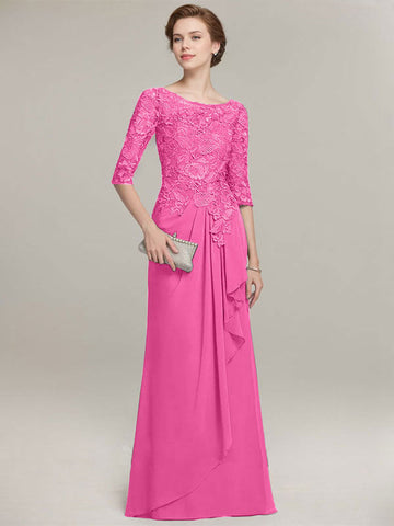 A-line Scoop Illusion Floor-Length Lace Chiffon Mother of the Bride Dress With Cascading Ruffles