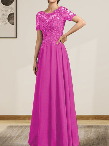 A-line Scoop Illusion Floor-Length Chiffon Lace Mother of the Bride Dress With Sequins Beading
