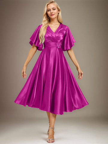 A-line V-Neck Tea-Length Stretch Satin Mother of the Bride Dress With Beading Pleated