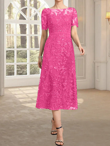 A-line Scoop Illusion Tea-Length Lace Mother of the Bride Dress With Sequins