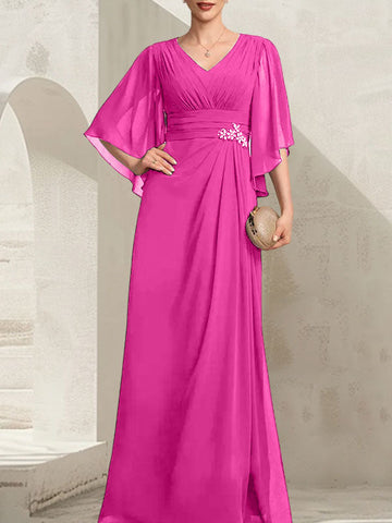 Sheath/Column V-Neck Floor-Length Chiffon Mother of the Bride Dress With Pleated Sequins Beading
