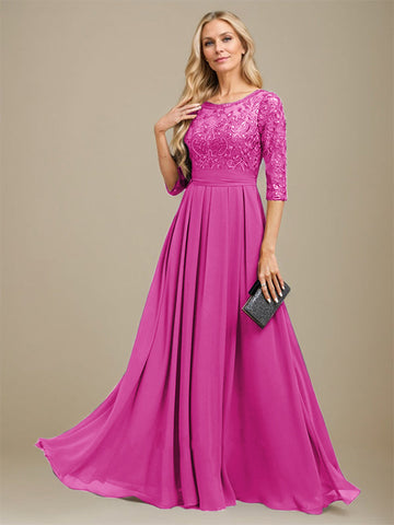 A-Line Scoop Floor-Length Lace Chiffon Mother Of the Bride Dress With Sequins Applique