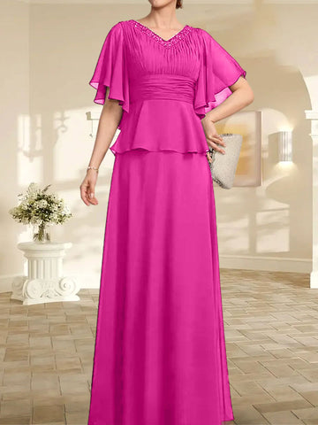 A-line V-Neck Floor-Length Chiffon Mother of the Bride Dress With Pleated Beading