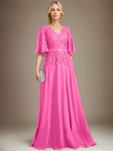 A-line V-Neck Floor-Length Chiffon Lace Mother of the Bride Dress With Crystal Brooch Rhinestone
