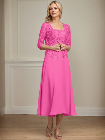 A-line Square Tea-Length Chiffon Lace Mother of the Bride Dress With Sequins Beading