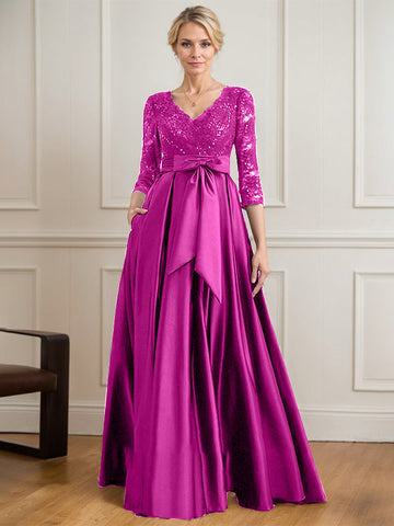 A-line V-Neck Floor-Length Satin Lace Mother of the Bride Dress With Sequins Bow