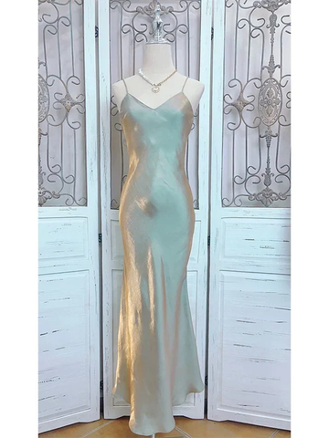 Robe de soirée/bal unique en satin, bretelles spaghetti, col V, coupe trapèze, Y8061