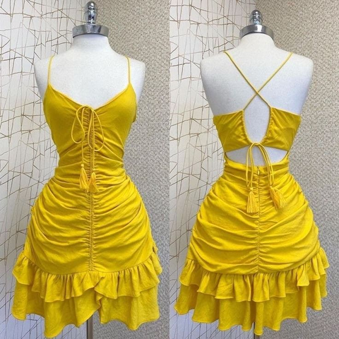 Robe de bal jaune trapèze à plis Y2593