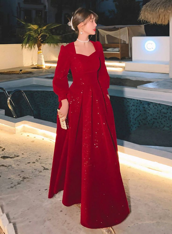 Robe de bal modeste à paillettes rouges, robe de soirée formelle musulmane, robe de mode Y4976