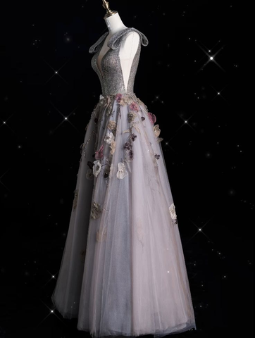 Vestido de baile largo de noche con escote en V, tul gris y estampado floral, modelo Y7953