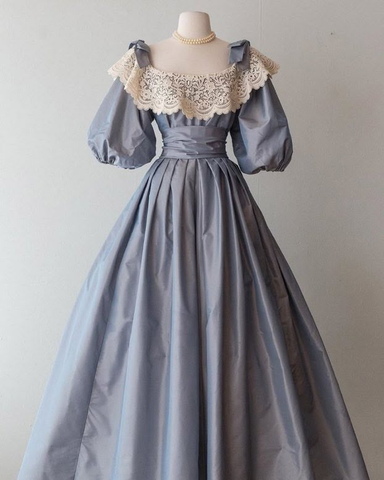 Robe de bal vintage en dentelle et satin, coupe trapèze, manches bouffantes bleues, robe de soirée longue Y8515