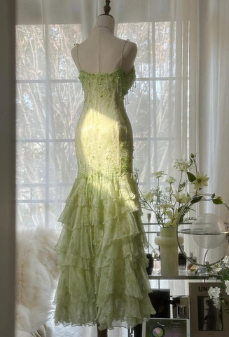 Robe de bal longue sirène verte, décolleté cœur, en mousseline perlée à plusieurs couches, Y8558