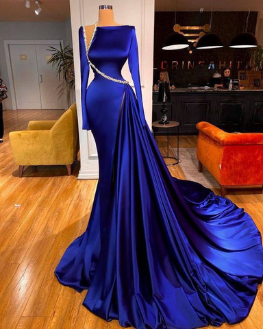 Vestidos de noche elegantes y modestos de manga larga, azul real con cuentas, vestidos de fiesta formales de lujo Y40