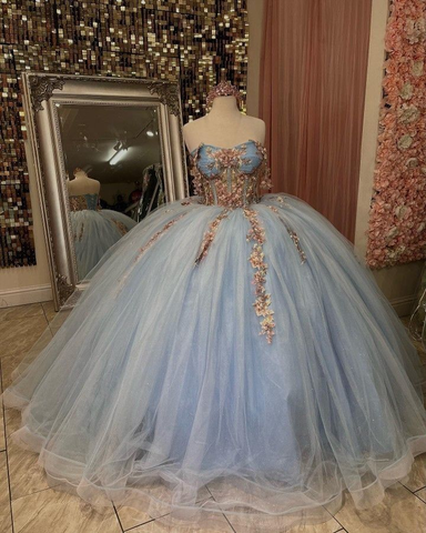 Robe de bal pour quinceañera, décolleté en cœur, appliques florales, robe de princesse pour 16 ans (Y2613)