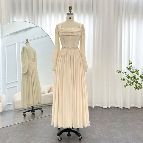 Vestido corto midi árabe beige con cinturón, manga larga, largo té, para mujer, ideal para bodas y fiestas formales (Y4847)