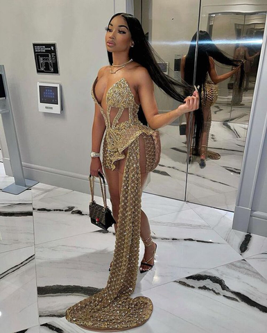 Robe de bal courte africaine sans manches à paillettes dorées pour fille Y548